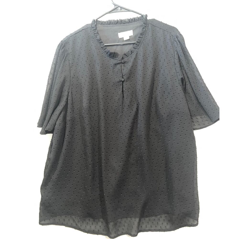 AVA & VIV Blouse Womens 2X Black Swiss Dot Ruffled Neck Flowy Workwear Career